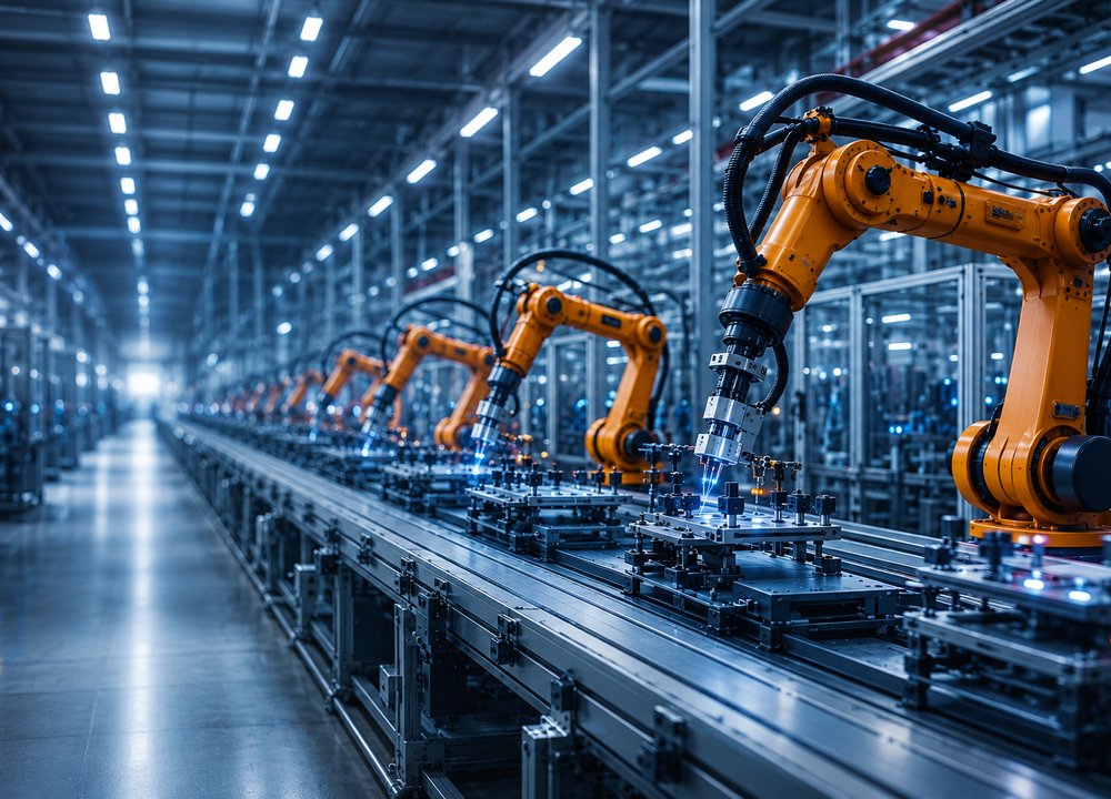 A fully automated production line with industrial robotics